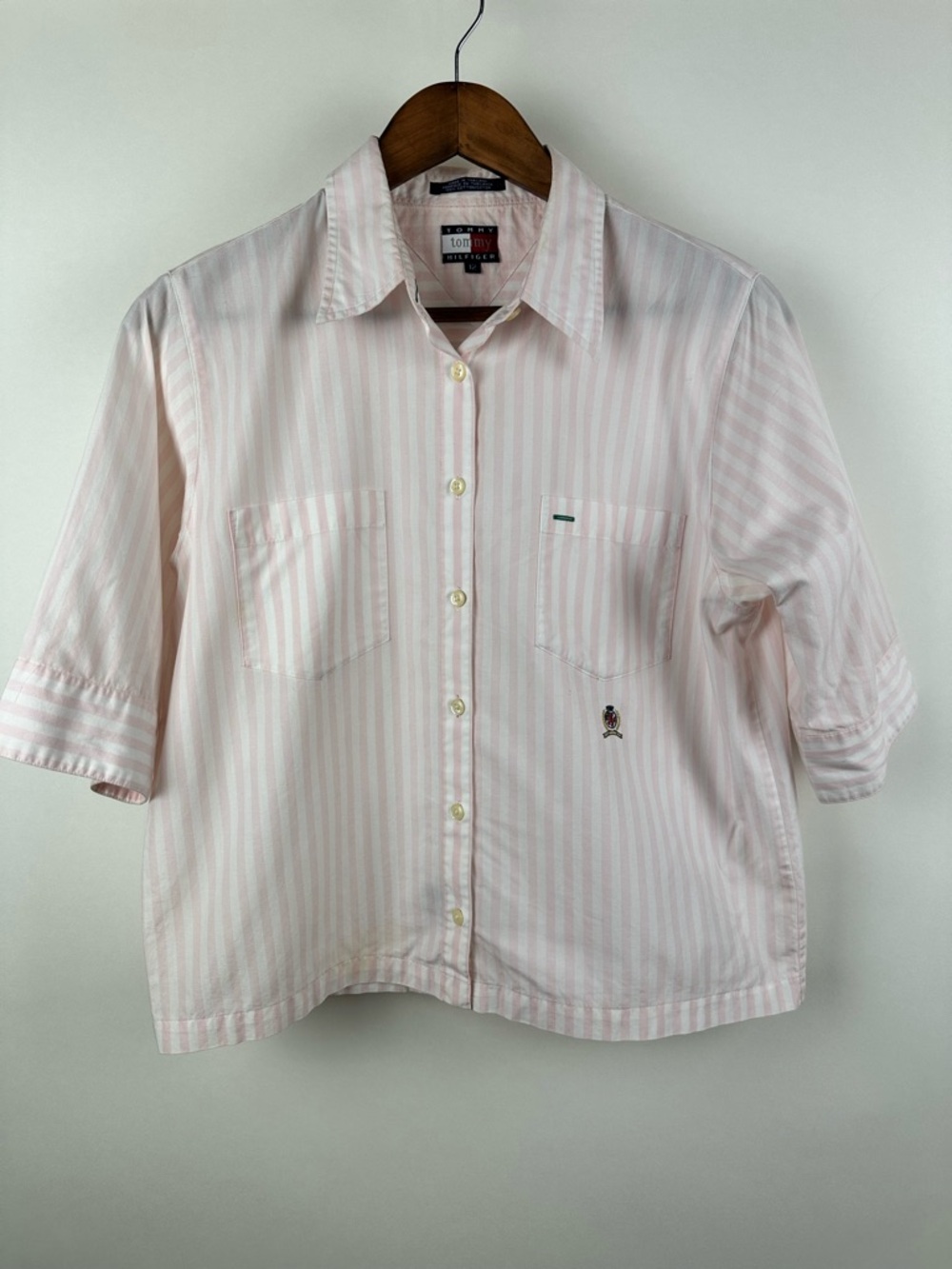 Vintage Tommy Hilfiger Pink Striped Button Down Boxy Shirt Preppy Short Sleeve